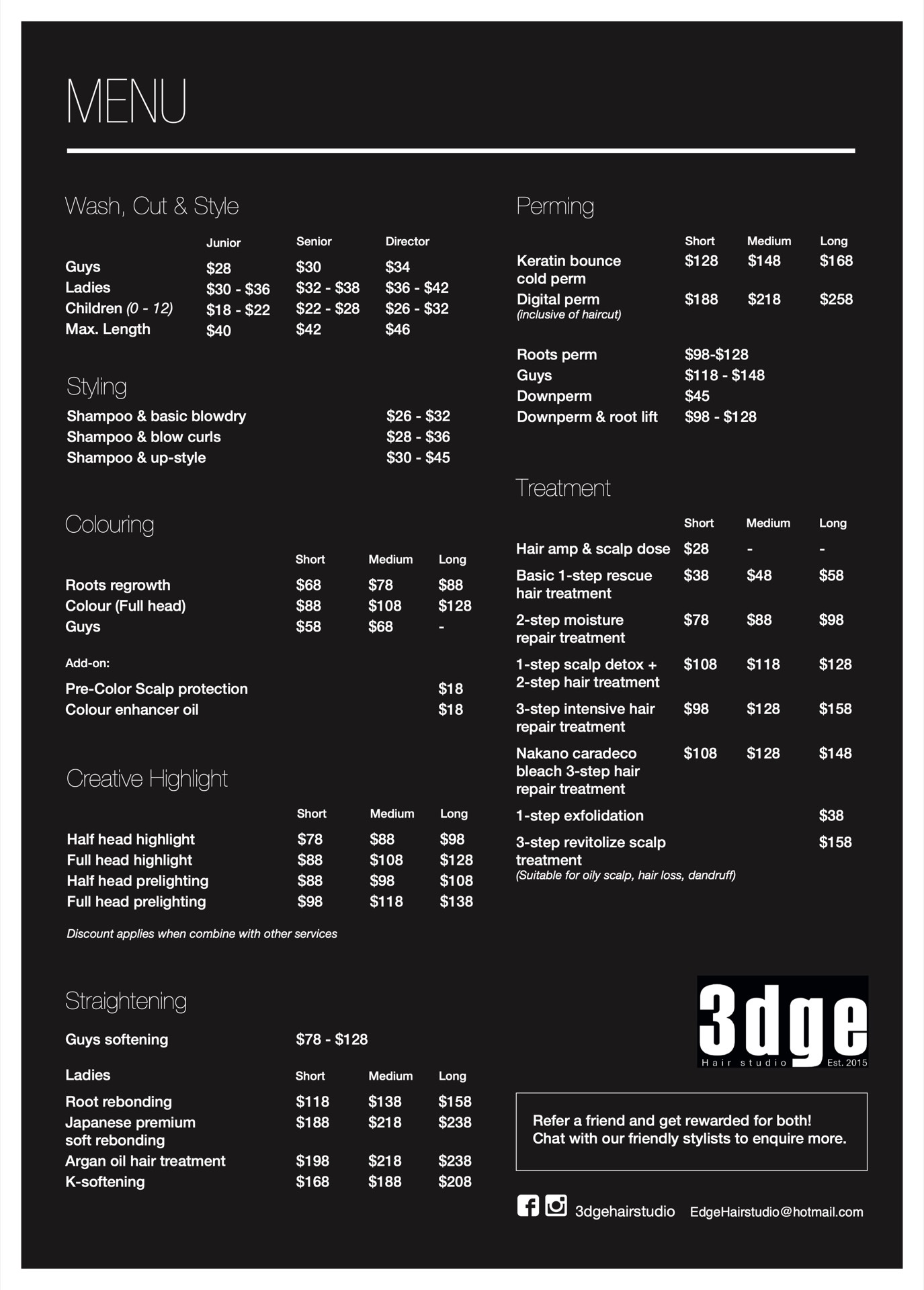 3DGE Hair Studio Pricelist - Haircut, Colouring, Rebonding, and Treatment Services Ang Mo Kio